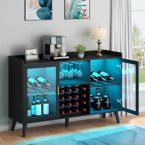 Miniatura 8 de Auromie Armario de bar de vinos con luz LED, gabinete de café para el hogar con estante para vino y vidrio, aparador de cocina con estantes de Negro