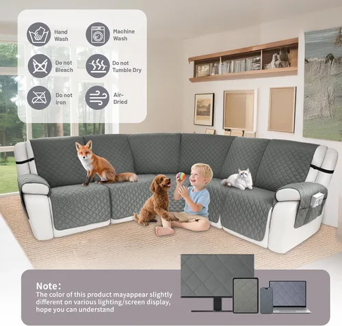 Miniatura 7 de Fundas impermeables para sofá seccional reclinable, fundas para sofá seccional reclinable en forma de L, 7 piezas, antideslizantes, lavables, juego