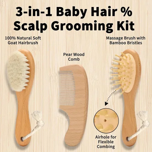 Miniatura 2 de Juego de cepillos de pelo de cabra para bebé, peine de madera para masaje, peine de cuero cabelludo, kit de cuidado natural seguro para el cabello
