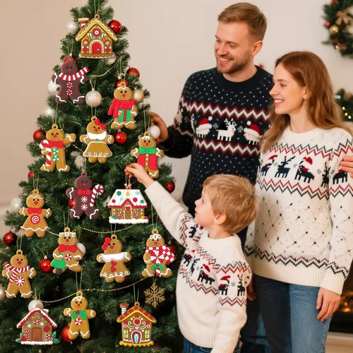Miniatura 4 de 16 piezas de adornos de hombre de jengibre para árbol de Navidad, decoraciones navideñas de pan de jengibre con adorno de casa de pan de jengibre
