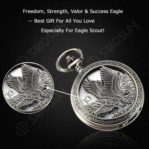Miniatura 2 de SIBOSUN Eagle Design - Reloj de bolsillo con cadena, reloj de bolsillo antiguo, movimiento de cuarzo, reloj Qocket para hombre, esfera de números