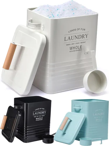 Whole Housewares - Envase de detergente para lavandería - Dispensador de jabón en polvo de metal estilo granja con cuchara, tapa hermética y asas -