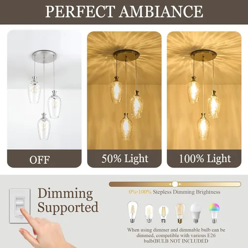 Miniatura 4 de Lámpara colgante de 3 luces, moderna lámpara de araña de níquel cepillado para comedor sobre mesa con vidrio martillado, luces colgantes de racimo