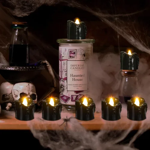 Miniatura 7 de 24 velas de decoración de Halloween para interiores, velas de té negra: velas LED sin llama, funciona con pilas, decoración de mesa con telarañas