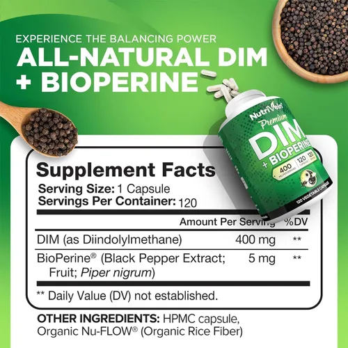 Miniatura 2 de Nutrivein Suplemento DIM Premium de 400 mg al día - 120 porciones (120 cápsulas): Diindolilmetano para mujeres y hombres - Más Bioperine