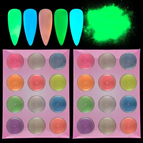 Miniatura 6 de Polvo que brilla en la oscuridad, 24 frascos de pigmento luminoso en polvo de fluorescencia nocturna, 12 colores, resina epoxi luminosa, polvo de 24