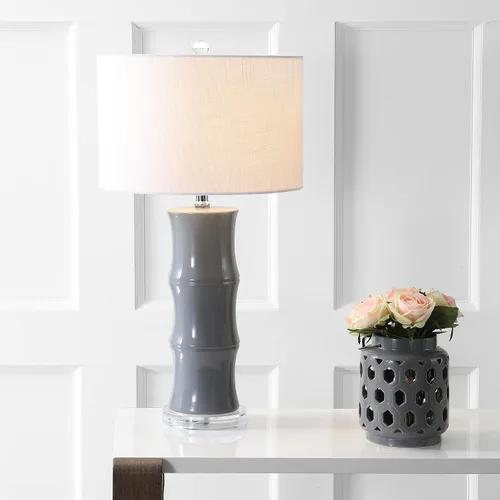 Miniatura 2 de JONATHAN Y Lámpara de mesa de cerámica gris de 26.5 pulgadas para sala de estar, mesita de noche de dormitorio, pantalla de tambor de lino blanco