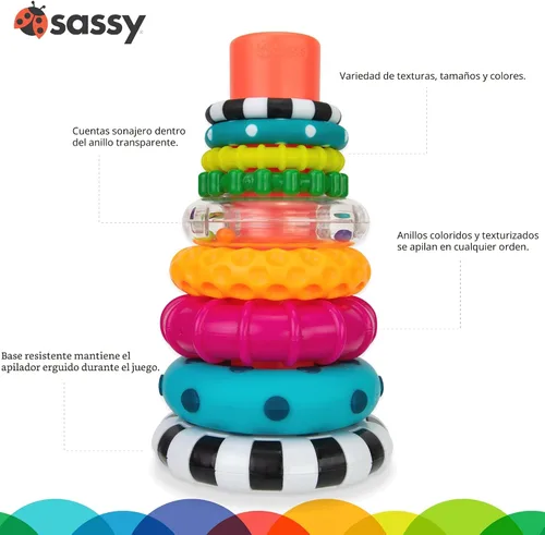 Miniatura 3 de Anillo de apilado de pilas de círculos de Sassy, juguete de aprendizaje STEM, a partir de 6 meses, multicolor, juego de 9 piezas