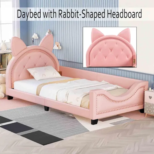 Miniatura 3 de Sofá cama con cabecero, cámaras en forma de conejo, base de cama de madera con plataforma individual para niñas y niños, bonito sofá cama tapizado