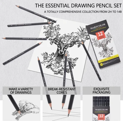 Miniatura 4 de MARTCOLOR Juego de lápices de dibujo, 12 lápices de grafito (14B - 2H), ideal para dibujar arte, bocetos, sombreado, lápices de artista