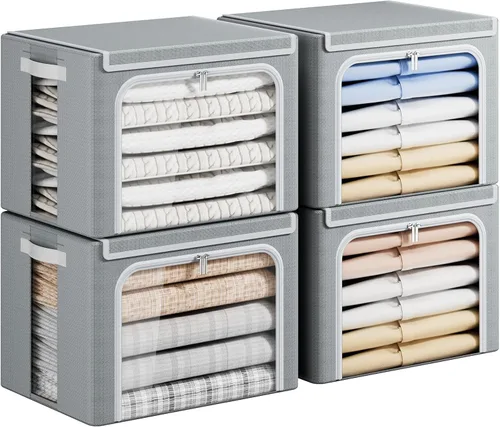 Miniatura 12 de Yecaye Cajas de Almacenamiento de Ropa con Marco de Metal, Caja de Almacenamiento de Ropa Plegable con Tapa, Caja Organizadora Apilable de Tela