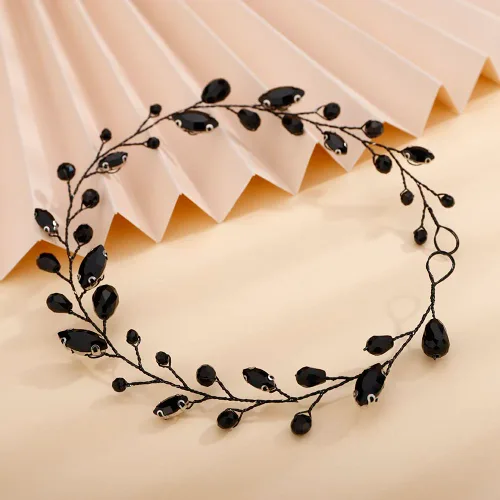 Miniatura 3 de Teyglen Diadema larga de diamantes de imitación para novias, tocados vintage para mujeres, fiestas, bailes, cumpleaños (negro)