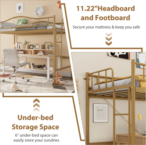 Miniatura 4 de Cama tipo loft individual con escalera ajustable y barandilla de seguridad completa, cama tipo loft, marco de metal resistente de 400 libras
