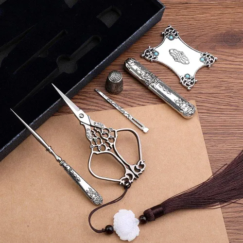 Miniatura 6 de SHWAKK Kit de tijeras de bordado, tijeras vintage con estilo europeo, kit de costura vintage para manualidades, costura, herramientas artesanales
