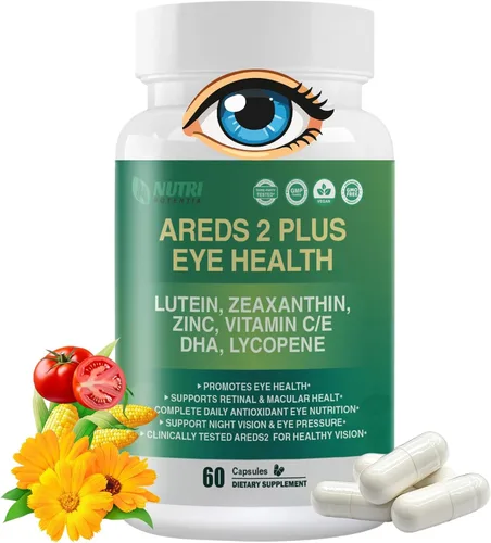 AREDS 2 Plus Suplemento de vitamina para los ojos, suplementos de luteína y zeaxantina con DHA para personas mayores macular, apoya la claridad