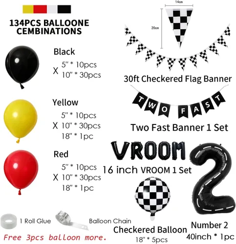 Miniatura 3 de 134 piezas Suministros de decoración de fiesta de cumpleaños de coche de carreras para niños - Globos de temática de carreras de cumpleaños Globos