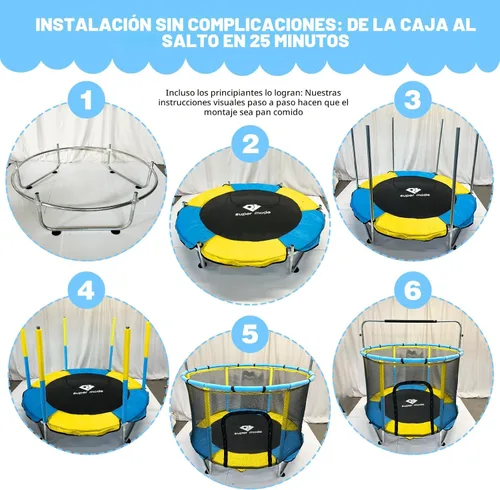 Miniatura 6 de Trampolín de 55 pulgadas para interiores y exteriores para niños con recinto, trampolín para niños pequeños con barra de gimnasia ajustable y Azul