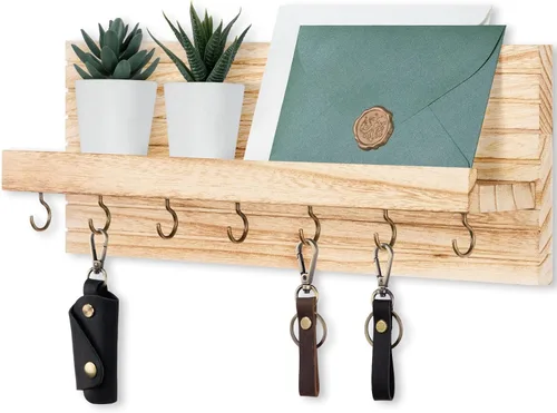 Miniatura 8 de Lwenki Soporte decorativo para llaves de pared con estante, estante de entrada con ganchos para correas, chaquetas y gafas, colgador de entrada