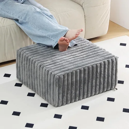 Miniatura 18 de Tiita Puf Otomán Redondo Relleno, Pufs de Piel Sintética a Rayas con Relleno de Trozos de Espuma, Puf Peludo y Esponjoso de 21 x 21 x 12 pulgadas