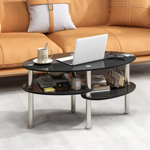 Miniatura 2 de Giantex Mesa de centro ovalada de vidrio templado transparente de 3 niveles con patas cromadas resistentes, mesa auxiliar de sofá pequeña, mesa