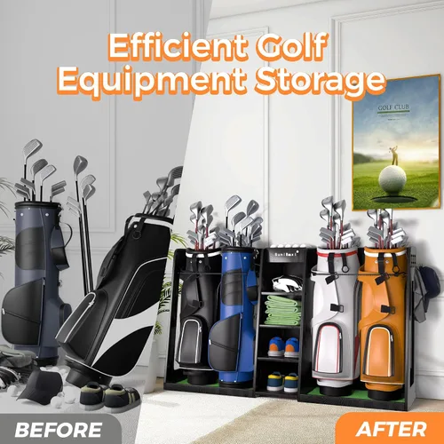 Miniatura 6 de SuniBoxi Organizador de golf para garaje, estante de almacenamiento de madera XL para 4 bolsas, clubes, pelotas y equipos, soporte para bolsas