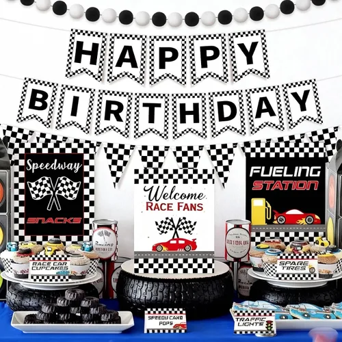 Miniatura 4 de Fuyoooo 4 banderas de feliz cumpleaños a cuadros en blanco y negro con bandera de carreras, banderas de fiesta, incluidas decoraciones de fiesta