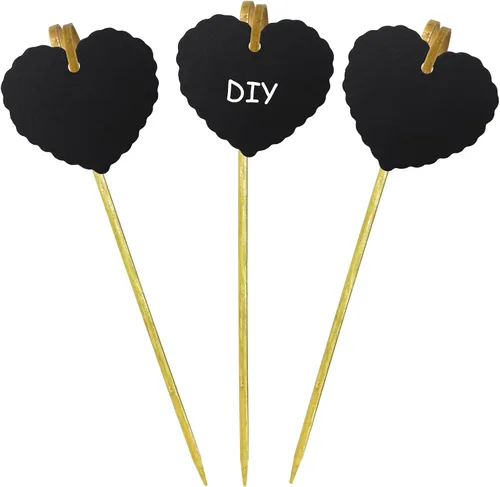 BLUE TOP 50 púas de bambú, 50 selecciones de cupcakes de corazón negro, púas de cóctel, marcadores de queso, etiquetas de bufé para tablero de