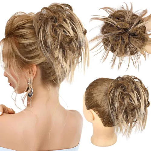 Miniatura 52 de HMD - Extensiones de cabello tipo chongo alborotado con rodelo despeinado, banda elástica de goma, extensiones de cabello sintético para mujer