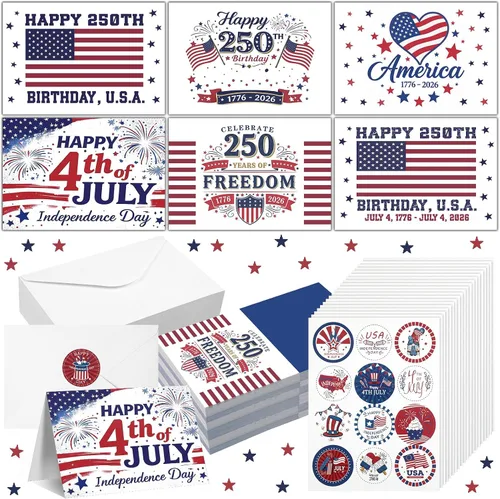 Sherr 120 tarjetas de felicitación patrióticas del 4 de julio a granel para 250 aniversario con 120 sobres blancos y 24 calcomanías, tarjetas de