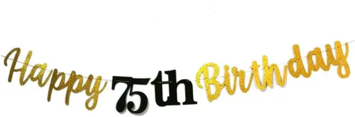 Cartel de feliz cumpleaños 75 con purpurina, cartel de feliz cumplea��os 75 negro y dorado, suministros de decoración de fiesta de cumpleaños 75