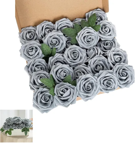 Miniatura 13 de Rosa artificial de espuma de 25 piezas de rosas falsas de aspecto real con tallos y hojas para decoración del hogar, fiestas, jardín, centros