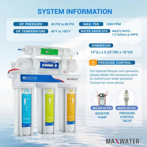 Miniatura 2 de Max Water Sistema de filtración de agua estándar de 5 etapas 50 GPD (galones por día) RO (ósmosis inversa) para trabajo pesado - montaje debajo