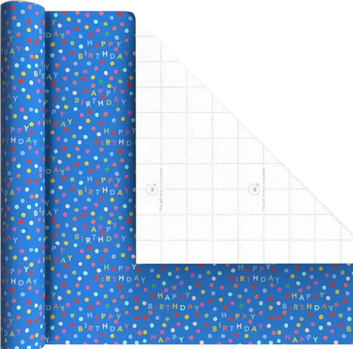 Miniatura 5 de Hallmark Mini rollos de papel de regalo de cumpleaños, paquete de 3 (rayas de arco iris, globos coloridos, lunares sobre azul) para graduaciones