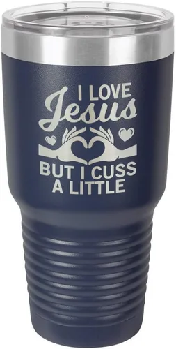 Miniatura 18 de Taza de viaje con texto en inglés "I Love Jessus I CUSS A LITTLE Engraved Tumbler", de acero con recubrimiento de polvo grabado con láser, sin BPA