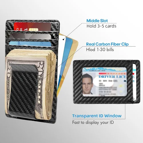 Miniatura 2 de Travelambo Clip para dinero para hombre, de piel, delgado, minimalista, con bloqueo RFID (tejido negro), Tejido negro, Minimalista