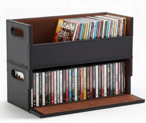 CroBlissful Juego de 2 cajas de almacenamiento de CD de cuero, estante organizador para fundas de películas, soporte de exhibición de cinta de