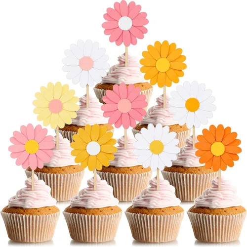 Henoyso 48 decoraciones para cupcakes de margaritas de primavera Groovy Spring Flower Cake Topper de los años 70, hippie, bohemio, joven, salvaje, y