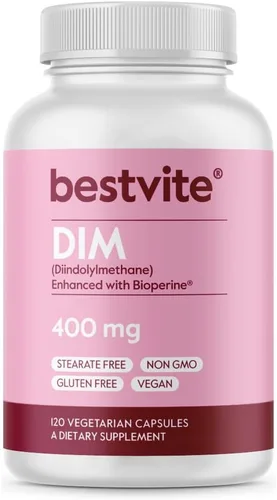 BESTVITE DIM (diindolilmetano) 400 mg con bioperina (120 cápsulas vegetarianas) - Sin estearatos - Sin gelatina - Vegano - Sin OMG - Sin gluten