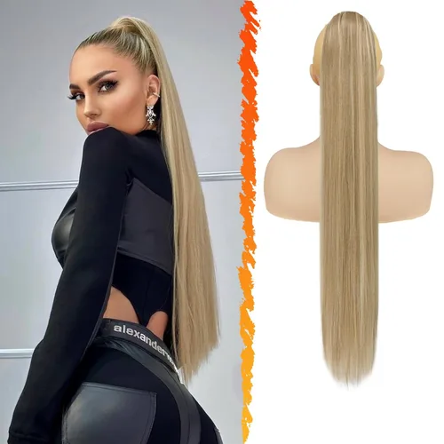 Miniatura 25 de BARSDAR Extensión de cola de caballo corta y recta - Extensiones de pelo con cordón de 16 pulgadas, rubio para mujeres - Extensiones de pelo Rubio