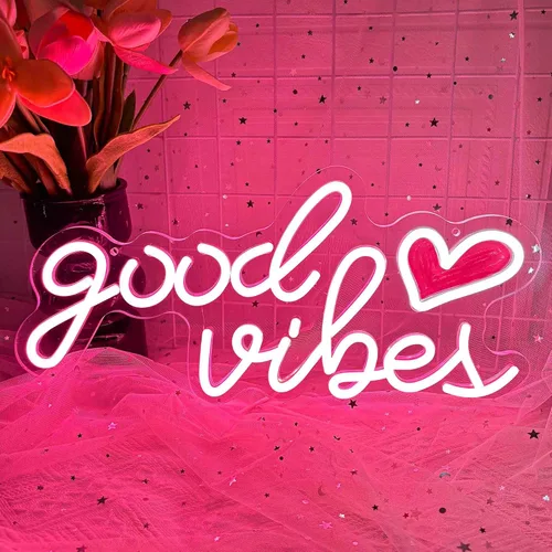 Miniatura 10 de Good Vibes - Letrero de neón LED para decoración de pared, luces de neón azules para dormitorio y fiesta, luz de neón brillante alimentada por USB