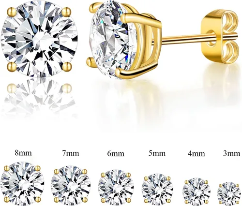 Miniatura 2 de Aretes chapados en oro amarillo de 18 quilates, 4 puntas, corte redondo brillante de 0.118-0.315 in, circonita cúbica (6 pares), Latón Circonita