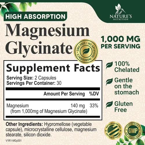 Miniatura 3 de Glicinato de magnesio 1000mg – Magnesio quelado para soporte de huesos, músculos, nervios y corazón, 500mg por cápsula para ultra absorción, soporte
