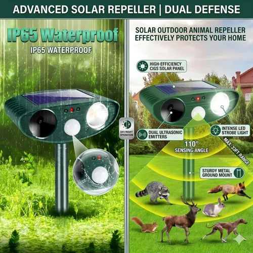 Miniatura 4 de Repelente de ciervos Squirrel Racoon Fortress Pro, repelente de animales ultrasónico solar para exteriores con luz intermitente, dispositivos