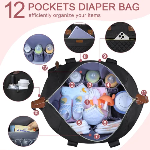 Miniatura 5 de Pritent Bolsa de pañales, bolsas de pañales para bebé con funda para chupete, correas de hombro, clips para cochecito, bolsa grande impermeable