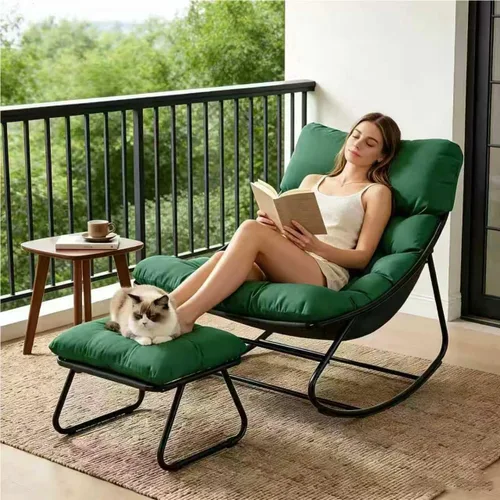 Miniatura 12 de Mecedora para interiores, cómoda silla de patio, mecedora con otomana y marco de metal resistente, sillas de balcón con cojín grueso, silla mecedora