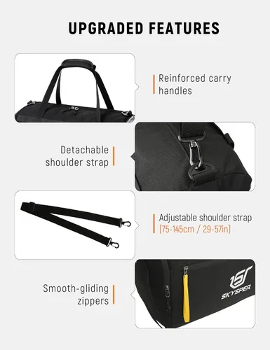 Miniatura 4 de SKYSPER Bolsa deportiva pequeña de 30L con bolsillo húmedo para deportes, viajes, fitness y entrenamiento para hombres y mujeres (negro)