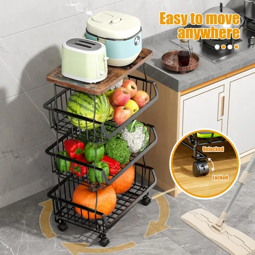 Miniatura 6 de Gsiekare Cesta de frutas y verduras para cocina, cestas de almacenamiento de 4 niveles apilables con ruedas, cestas organizadoras de almacenamiento