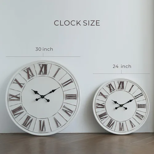 Miniatura 7 de Reloj de pared grande de estilo granja - 24 pulgadas, blanco rústico, número romano envejecido, cara de metal, funciona con pilas, reloj decorativo
