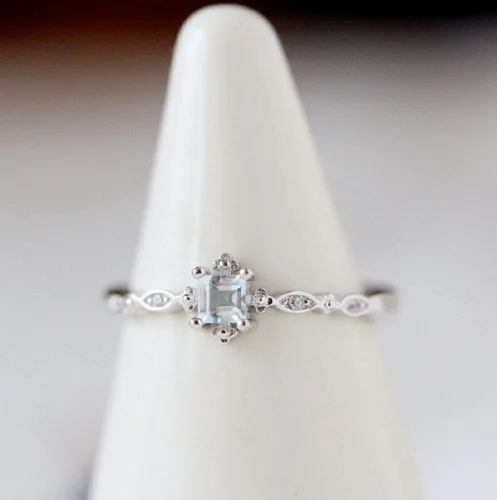 Miniatura 2 de Wenbin Anillo de moda de plata de ley 925 con topacio de cristal azul aguamarina, anillo de compromiso pequeño y fresco de boda, anillos de promesa