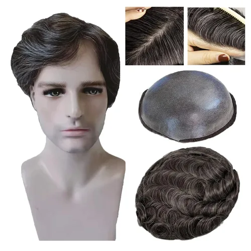Miniatura 10 de Piezas de cabello humano para hombre, tupé, piel suave y fina con nudo en V de 0.001 in, sistema de reemplazo de cabello de 8 x 10 pulgadas